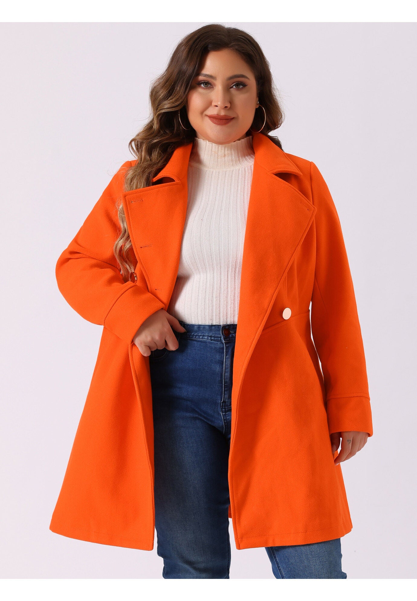 A-Line Peter Pan Collar Double Breasted Peacoat, Orange / Orange, alternate image number 1
