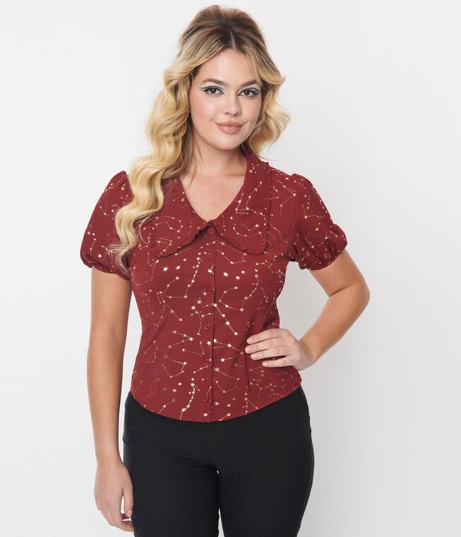 Unique Vintage Burgundy & Gold Stars Oversized Collar Blouse, , alternate image number null