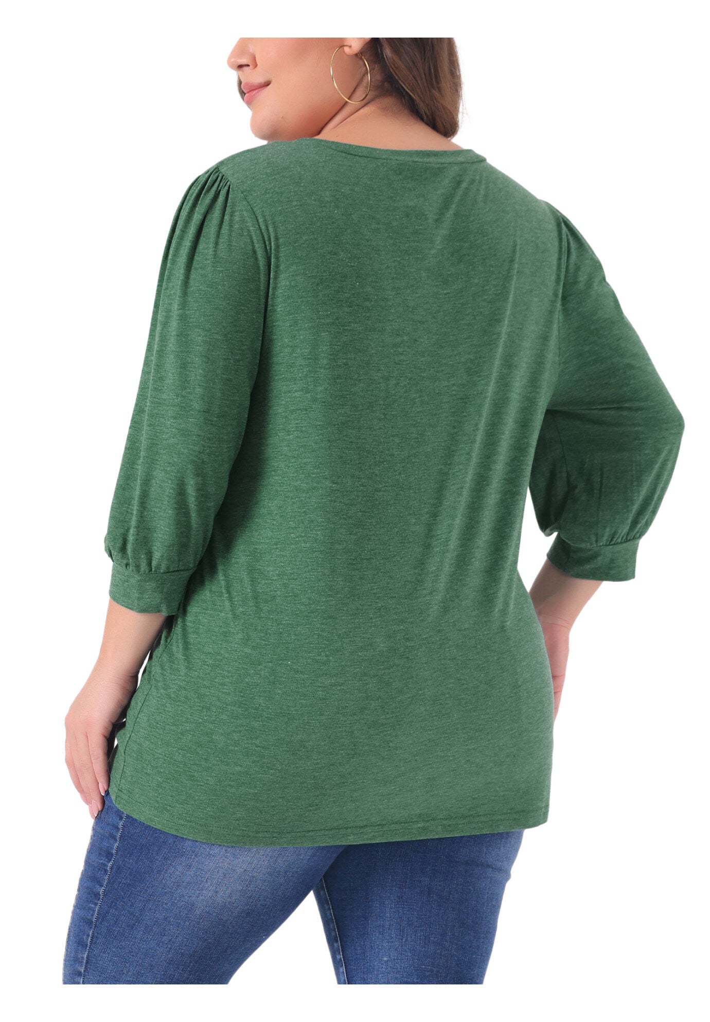 3/4 Sleeve V Neck Button Decor Blouse Shirt, Green / Kelly Green, alternate image number 3