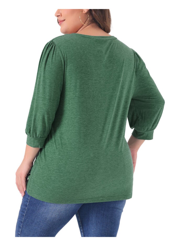3/4 Sleeve V Neck Button Decor Blouse Shirt, Green / Kelly Green, alternate image number 3