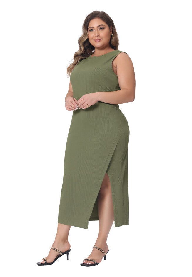 Knit Slit Tank Midi Ruched Sleeveless Bodycon Dress, Army Green / Olive Green, hi-res image number null
