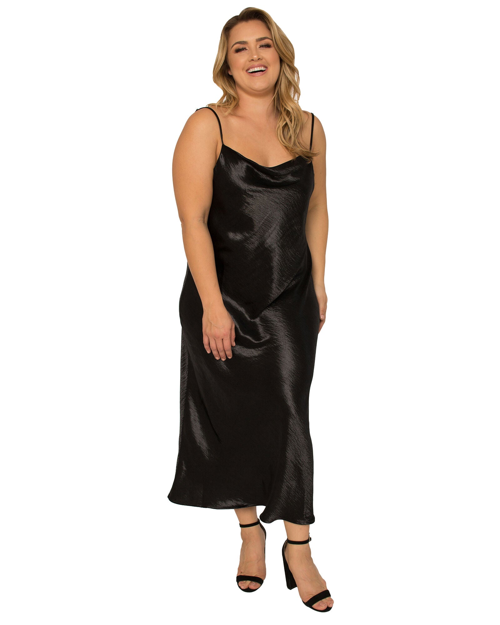 Michelle Plus Size Cowl Neck Spaghetti Strap Satin Slip Midi Dress, Black / Black, alternate image number 3