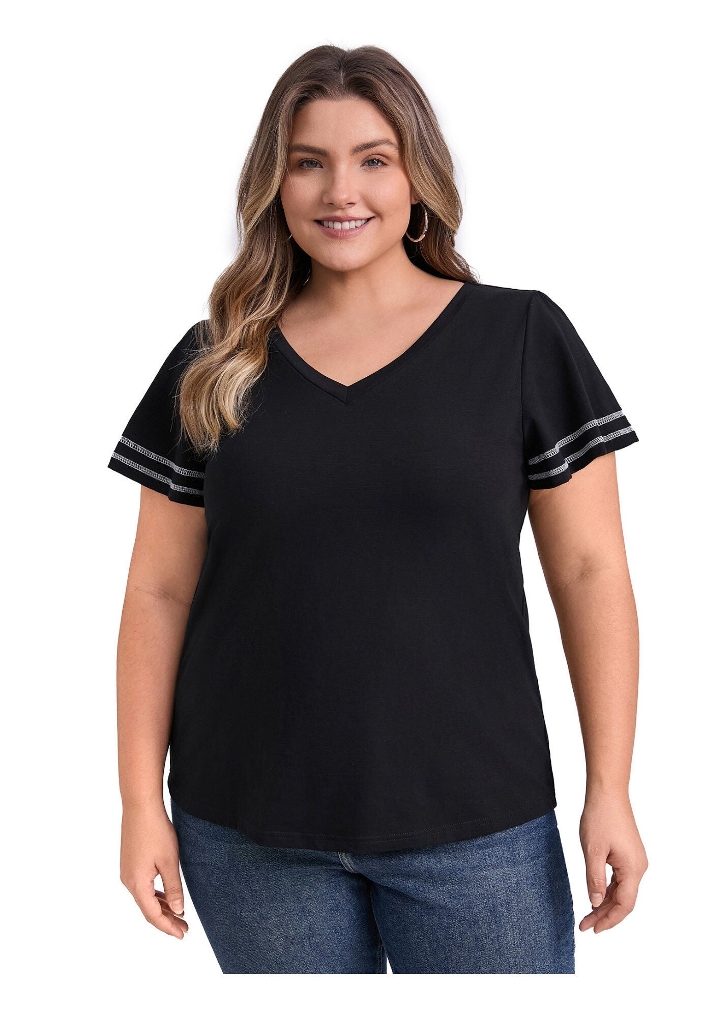 Contrasting Colors Top Ruffle Short Sleevs Tee Shirt Blouse, Black / Black, alternate image number 2