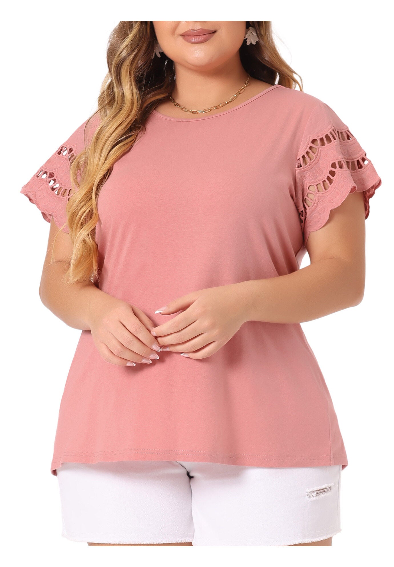 Lace Panel Hollow Short Sleeve Summer Blouse, Pink / Pink, alternate image number 1