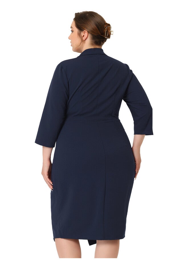 3/4 Sleeve Elegant Notched Lapel Cocktail Evening Sheath Dress, Navy Blue / Navy, alternate image number 3