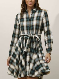 Fiona Shirt Dress Waist Tie Plaid Print Green