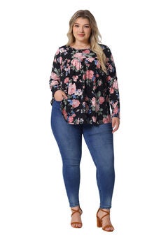 Long Sleeve Tunic Pleated Crew Neck Blouse