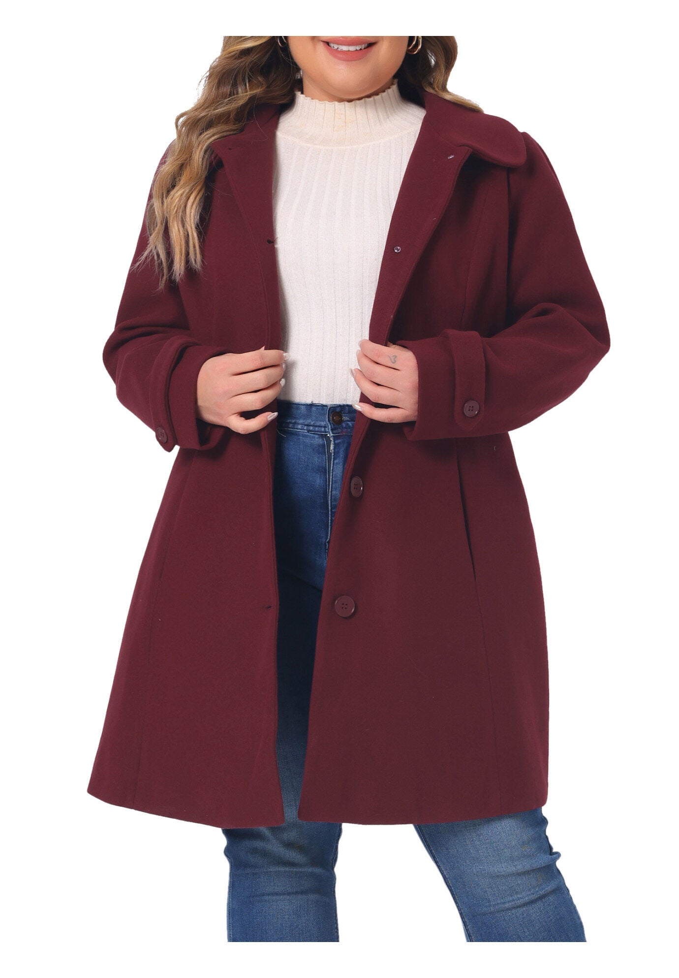 Peter Pan Collar Cuff Single Breasted Trench Long Coat, Burgundy / Red, alternate image number 2