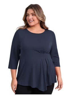 Crew Neck 3/4 Sleeve Waist Pleated Asymmetric Hem Loose Fit Blouse