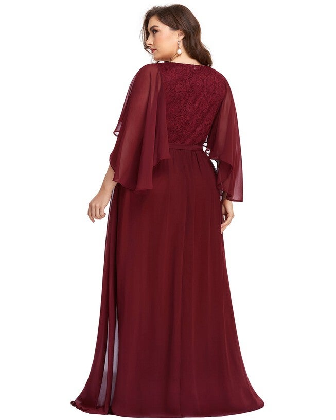 Deep V Neck Lace Bodice Long Flowy Evening Dress, Burgundy / Burgundy, alternate image number null