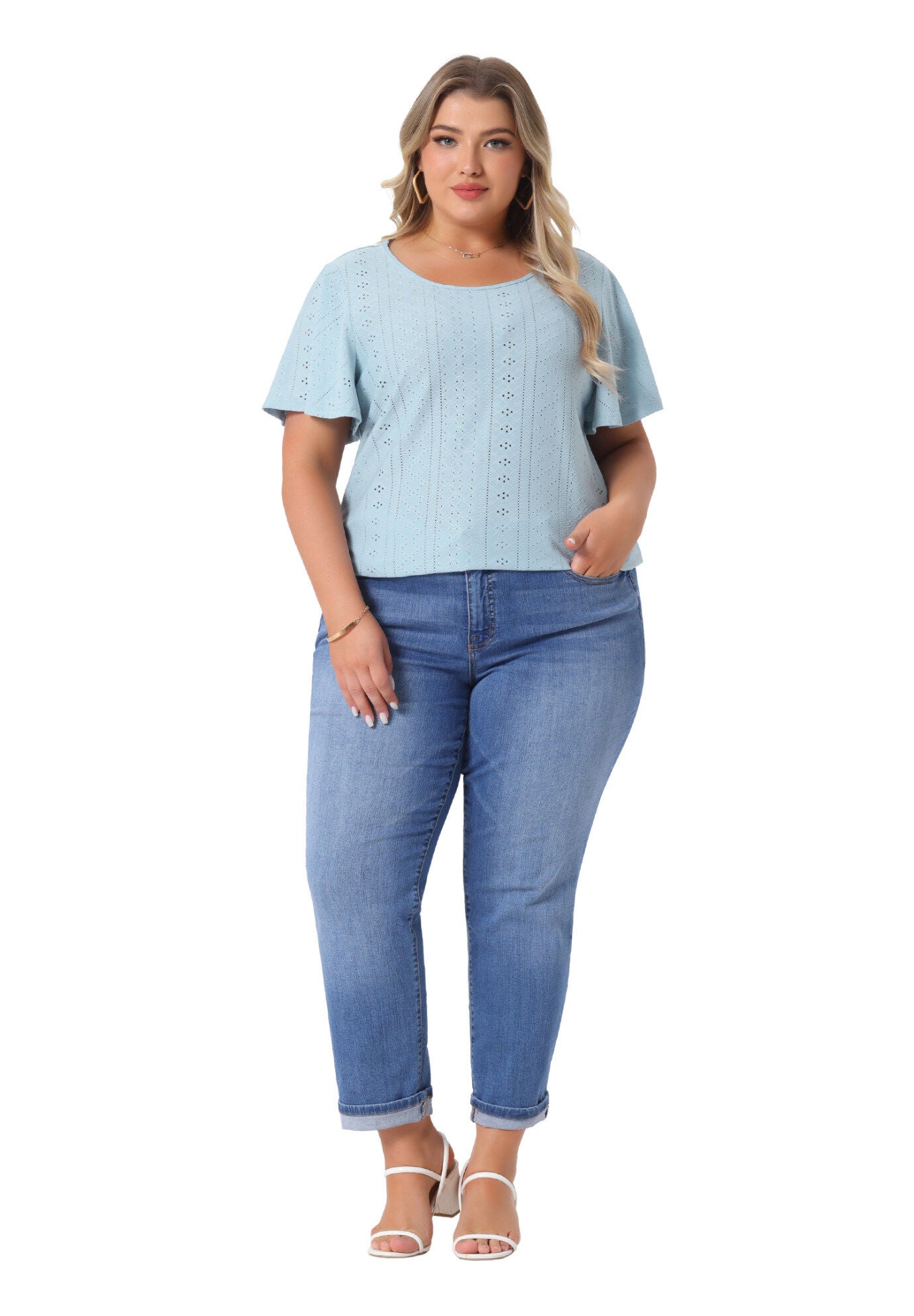 V NECK LOOSE FIT RUFFLE SLEEVE SUMMER HOLLOW TOP, Light Blue / Light Blue, hi-res image number 0