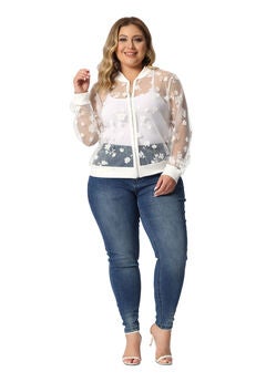 SHEER FLORAL LACE LONG SLEEVE BASEBALL JACKET