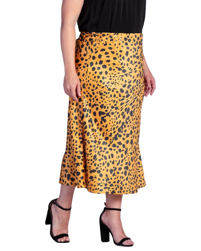 Women's Plus Size Silky Sateen Leopard Print Midi Skirt, Gold Print / Gold, alternate image number 3