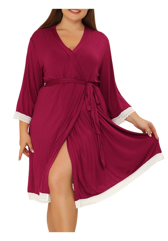 Lightweight Kimono Robes Lace Trim Bathrobe, Burgundy / Burgundy, alternate image number 2