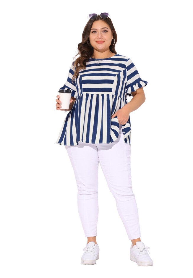 Loose Flowy Summer Babydoll Peplum Blouse, Blue White / Navy, hi-res image number 0