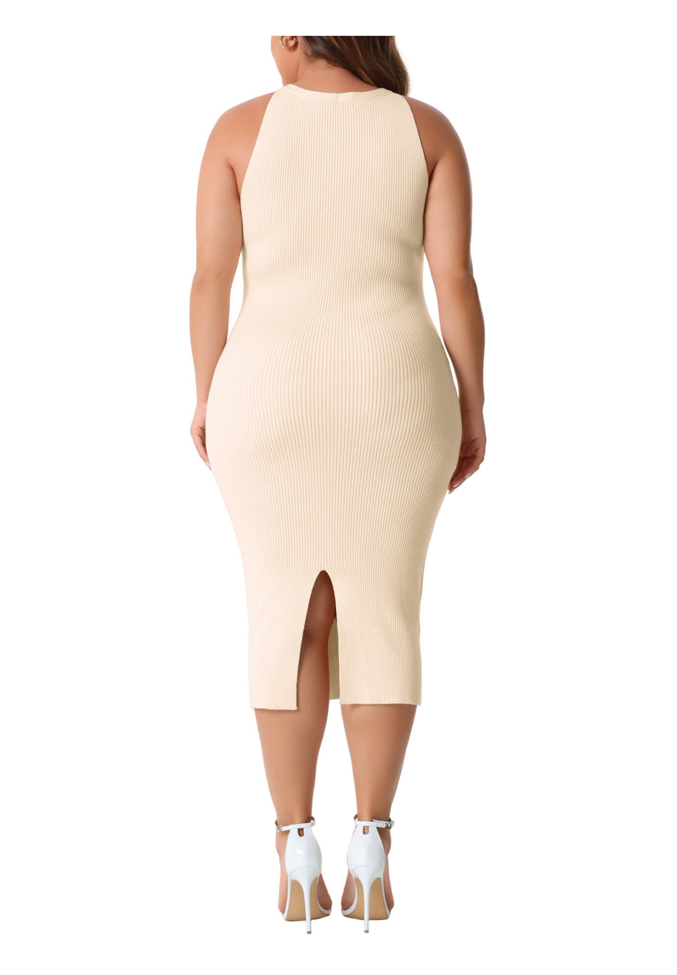 Twist Front Halter Neck Ribbed Sleeveless Bodycon Midi Sweater Dress, Beige / Beige, alternate image number 3