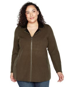 FAUX-LEATHER COLLARED SWEATER JACKET
