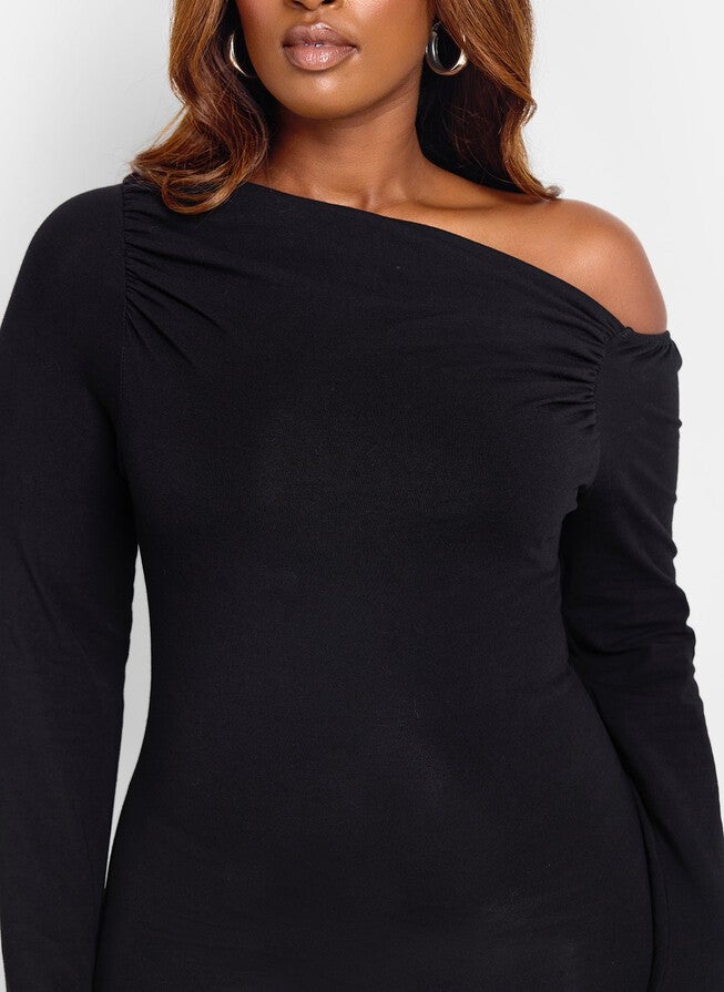 EMERY ASYMMETRICAL HEM BODYCON MINI DRESS, Black / Black, alternate image number 2
