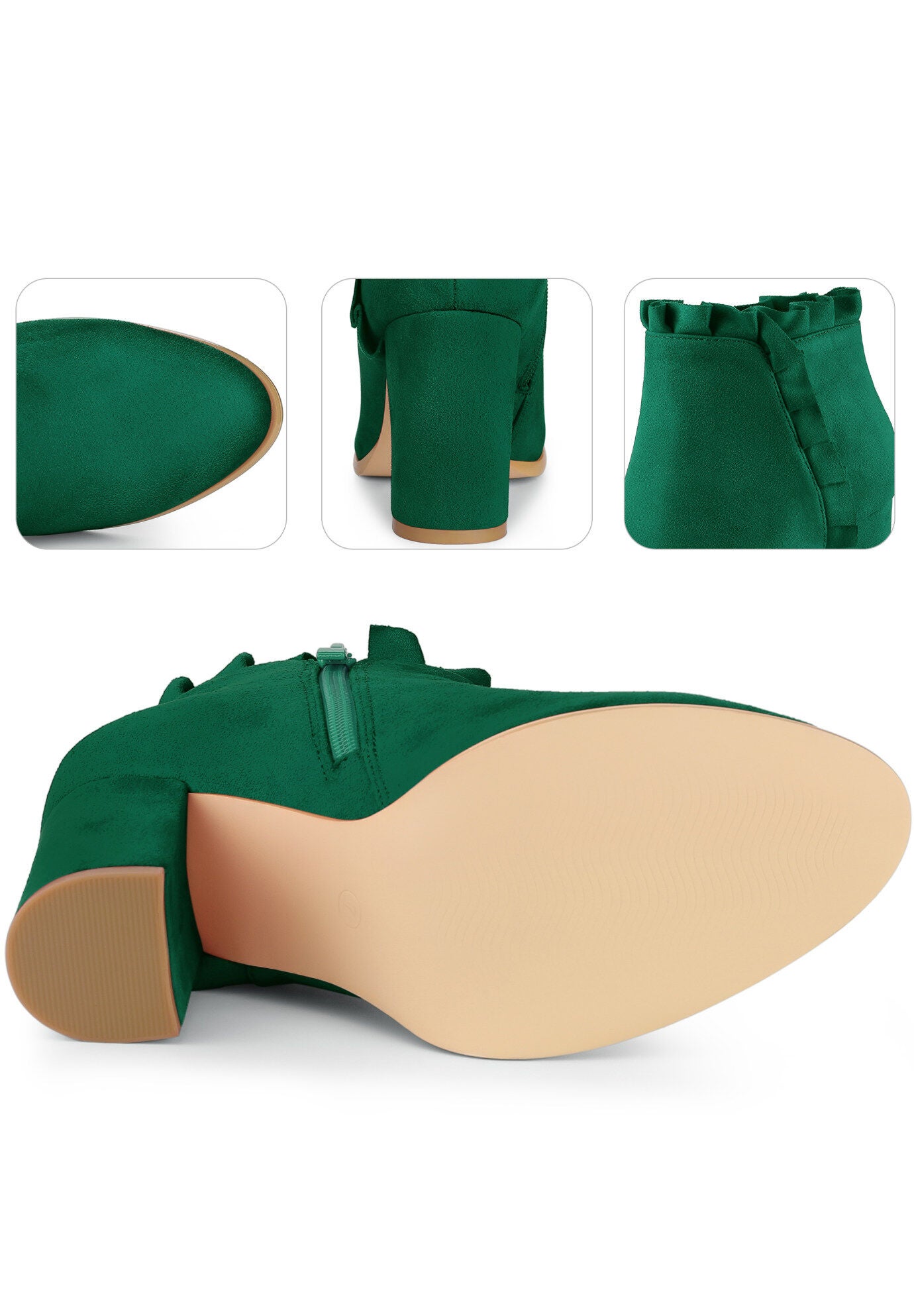 Ruffle Chunky Heel Booties Ankle Boots, Emerald Green / Forest Green, alternate image number 2