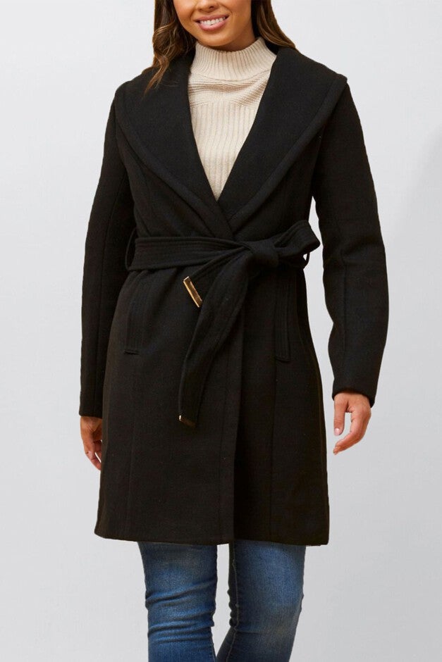 Hazel Coat Round Collar Belted Pockets, Black / Black, alternate image number 2