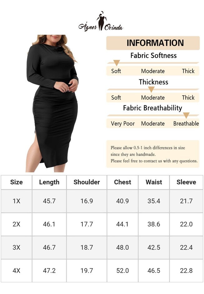 Long Sleeve Crew Neck Side Slit Ruched Bodycon Dress, Black / Black, alternate image number null