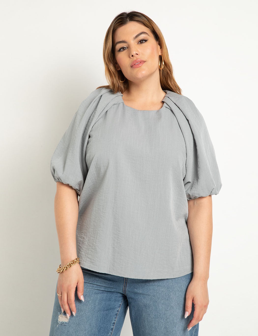 Puff Sleeve Textured Rayon Top, Slate Blue / Cobalt, hi-res image number 0