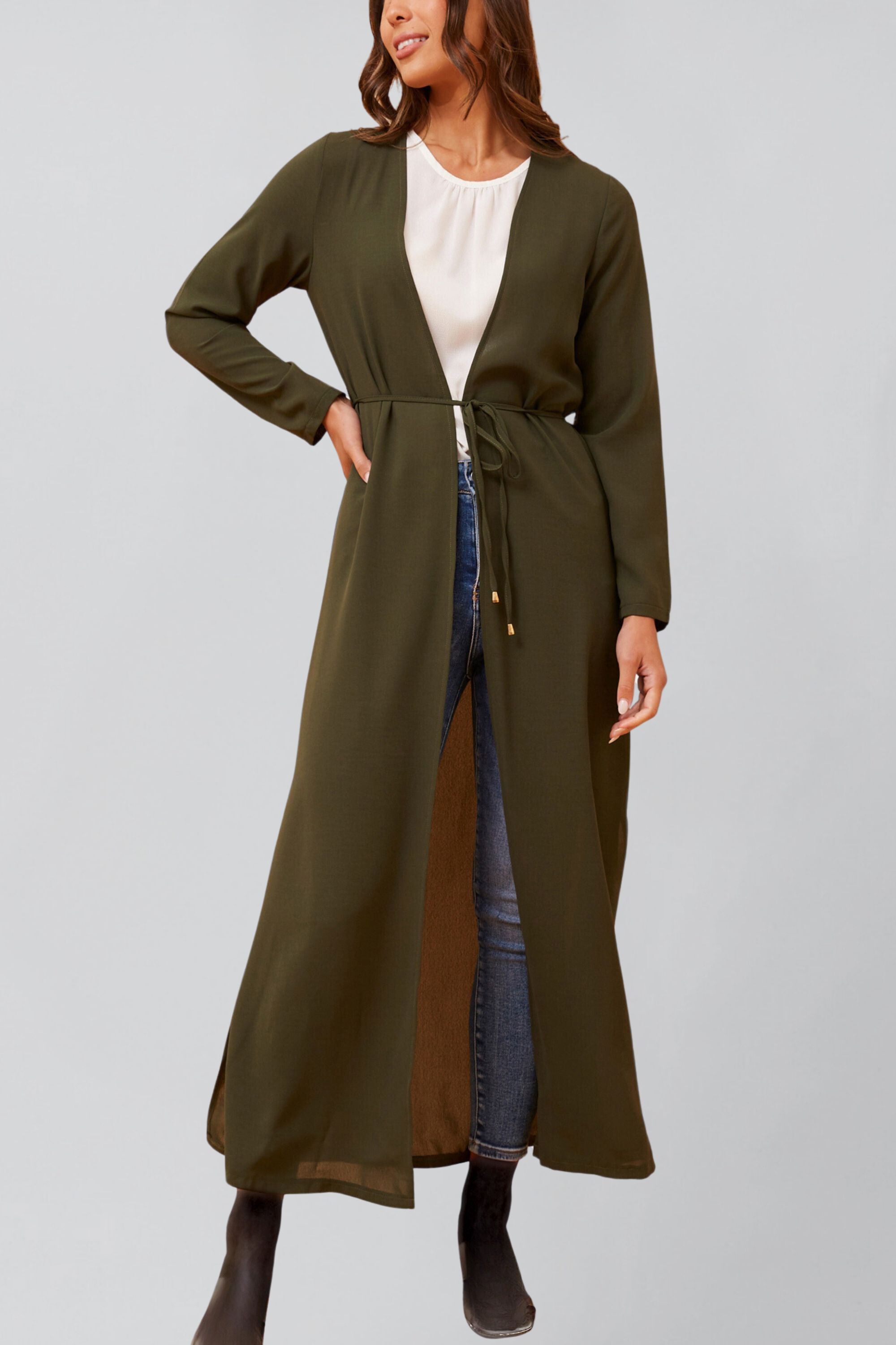 Fanny Long Woven Cover-Up Maxi Cardigan Open Tie Front, Green / Forest Green, hi-res image number 0