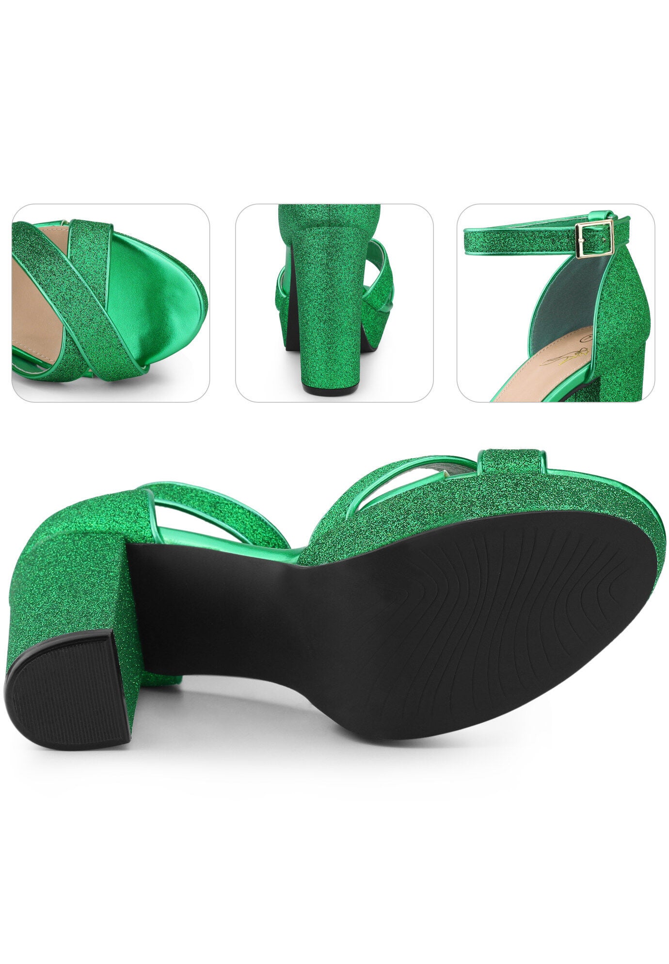 Glitter Platform Crisscross Strap Chunky Heels Sandals, Green / Kelly Green, alternate image number 2