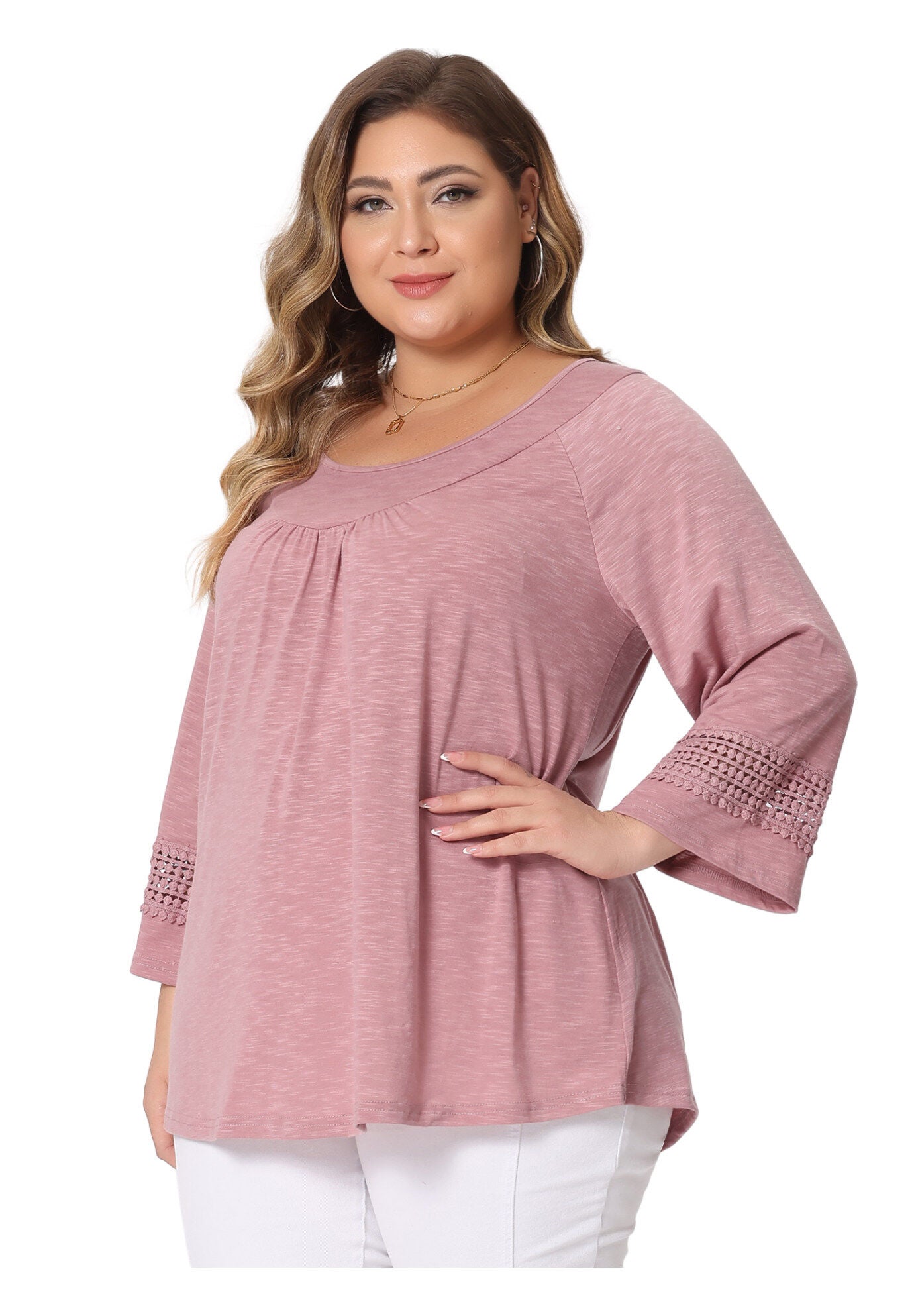 CROCHET PANEL HOLLOW OUT PLEATED TUNICS BLOUSE TOP, Dark Pink / Pink, alternate image number 1