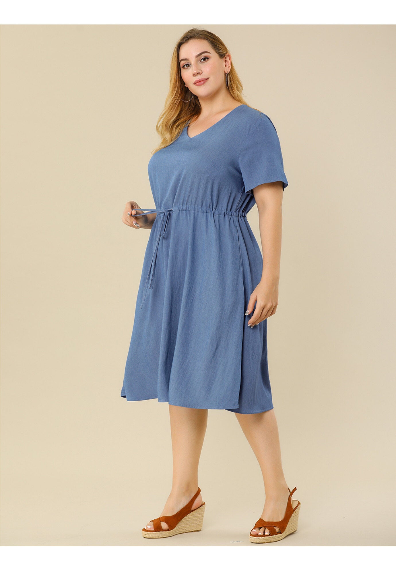 V Neck Short Sleeve A Line Flowy Midi Chambray Dress, Blue / Dusty Blue, alternate image number 3