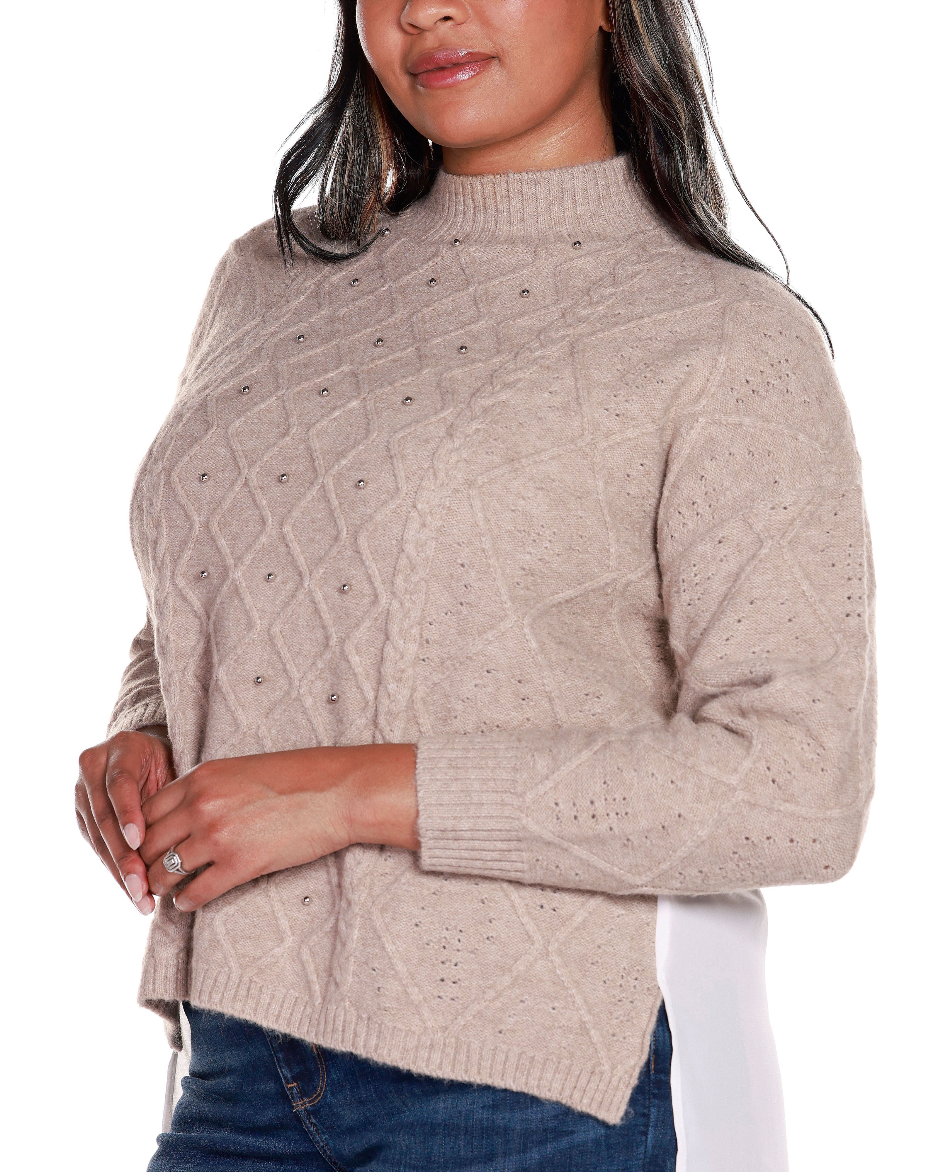 CHIFFON-BACK CABLE SWEATER, Heather TaupeWhite / Beige, alternate image number 3