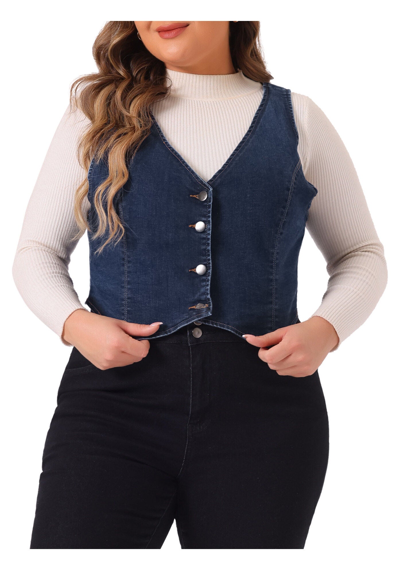 V NECK BUTTON DOWN DENIM VEST, Dark Blue / Navy, alternate image number 2