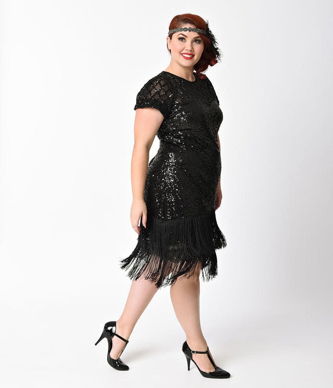 Unique Vintage 1920s Black Sequin Fringe Del Mar Flapper Dress, Black / Black, alternate image number 1