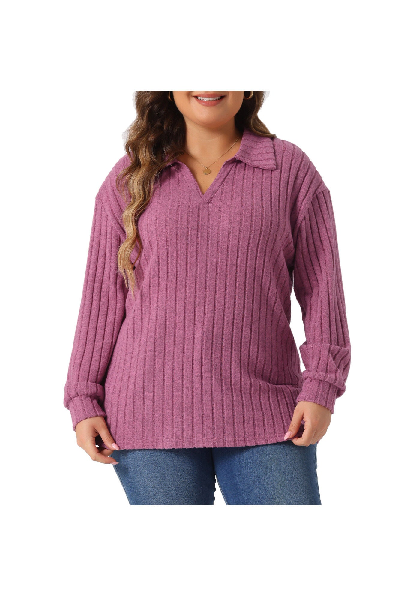 Loose Polo V Neck Long Sleeve Ribbed Knit Top, Fuchsia / Deep Fuchsia, alternate image number 1