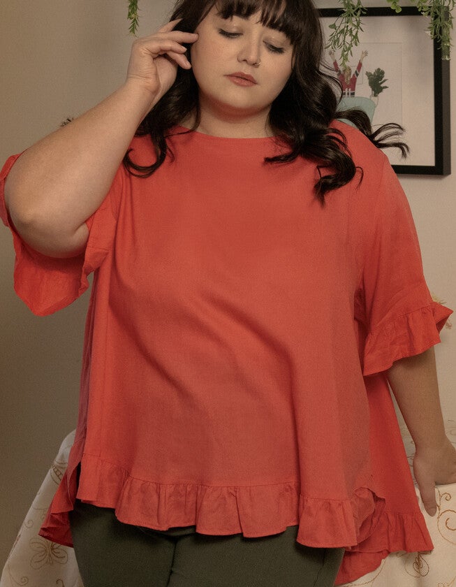 Mylene Top Relaxed Linen Blend Frilled High Low Hem, Mango / Orange, alternate image number null