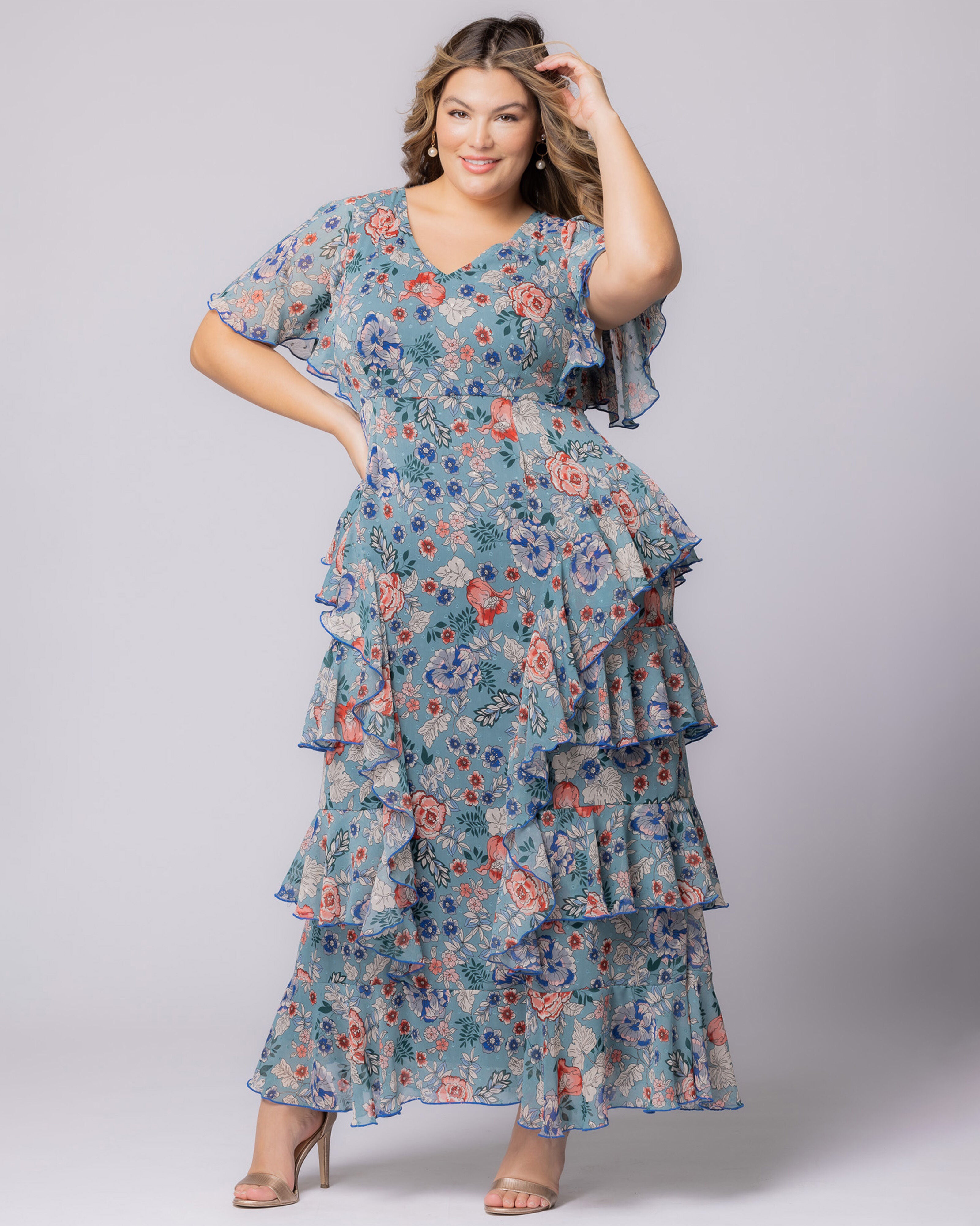 Tour de Flounce Chiffon Evening Gown, BLUE GARDEN PRINT / Azure Blue, alternate image number 4