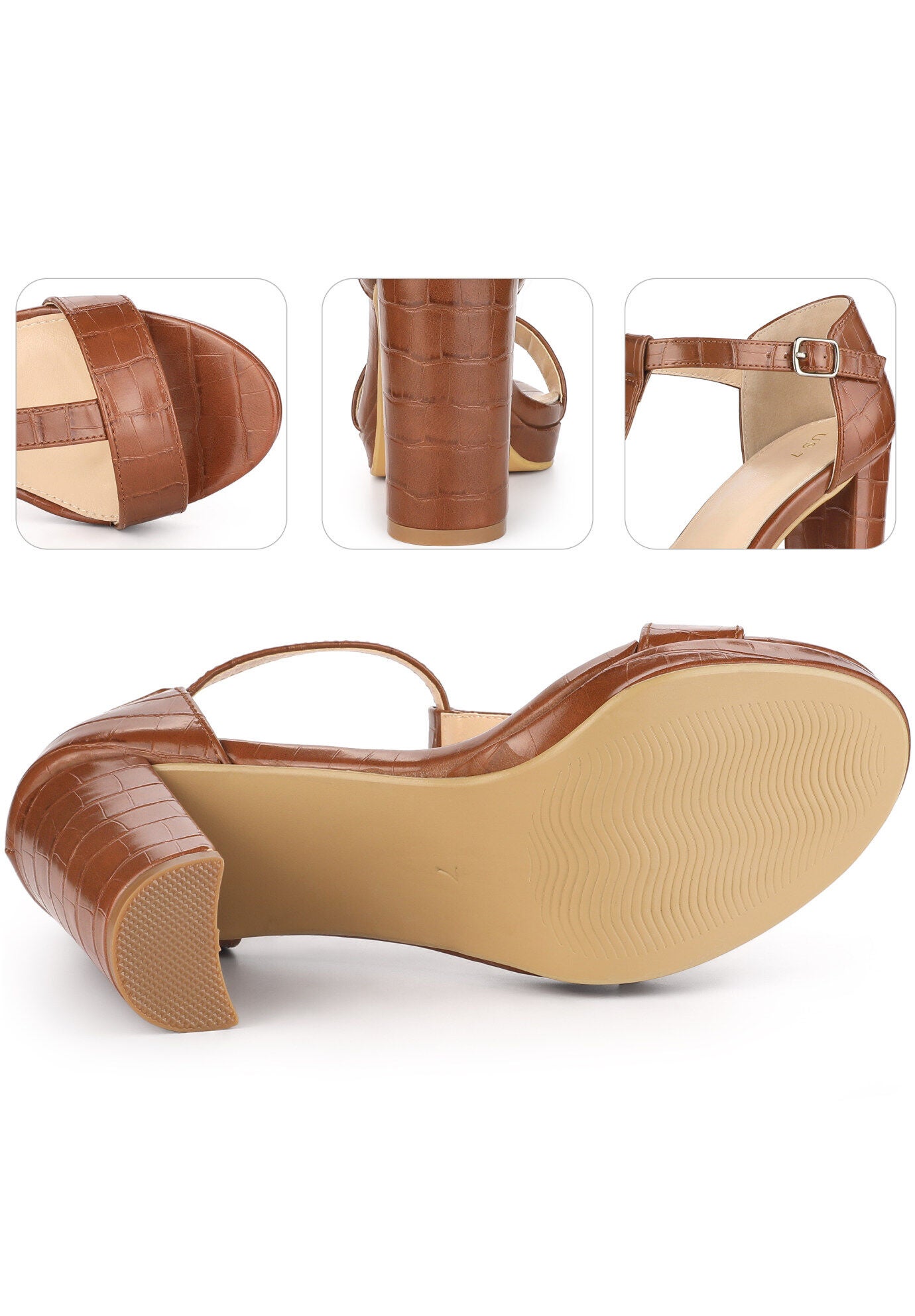 Platform Print Embossed Ankle Strap Chunky Heels Sandals, Brown / Brown, alternate image number 2