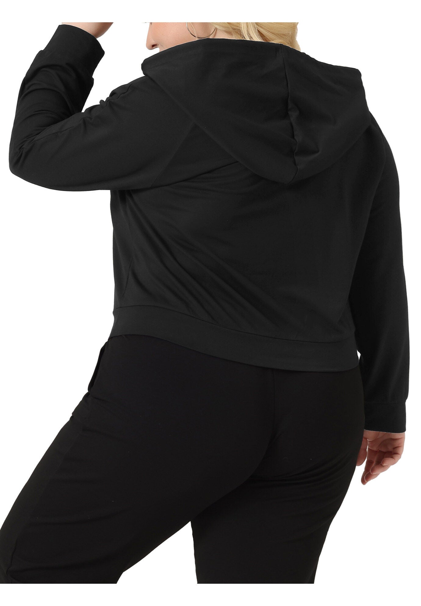 Button Collar Drawstring Hoodies Pullover Sweatshirt Top, Black / Black, alternate image number 3