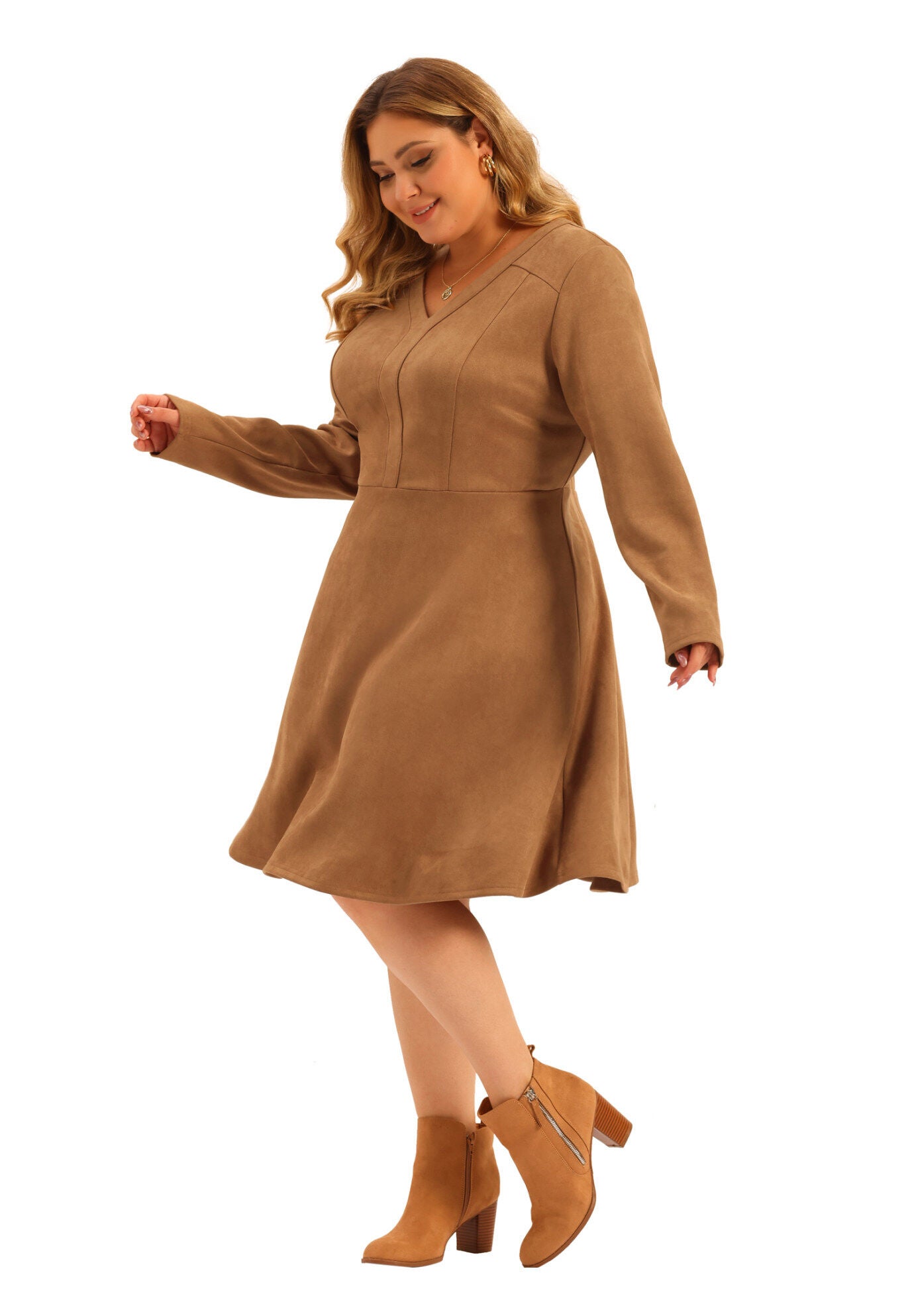 Faux Suede V Neck Long Sleeve A-Line Elegant Midi Dress, Brown / Brown, hi-res image number 0