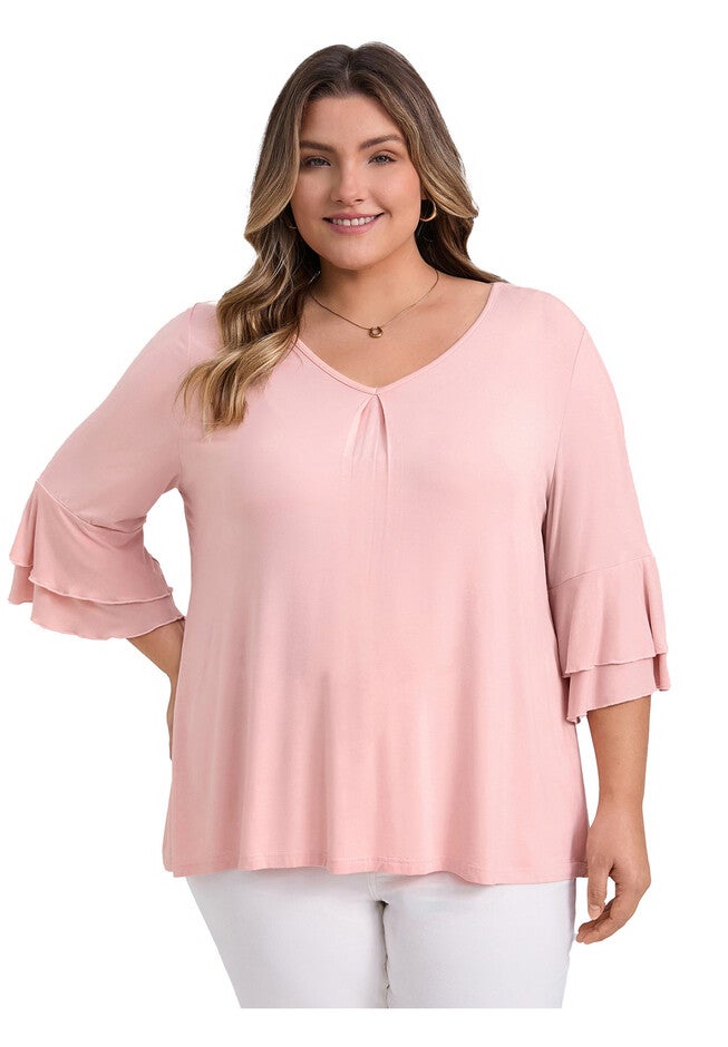 V Neck Double Layered Ruffle 3/4 Sleeve Pleated Front Blouse, Pink / Pink, hi-res image number 0