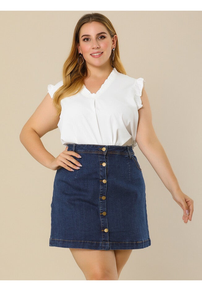 BUTTON SIDE POCKET A LINE JEAN MINI DENIM SKIRT, Blue / Light Blue, alternate image number 3
