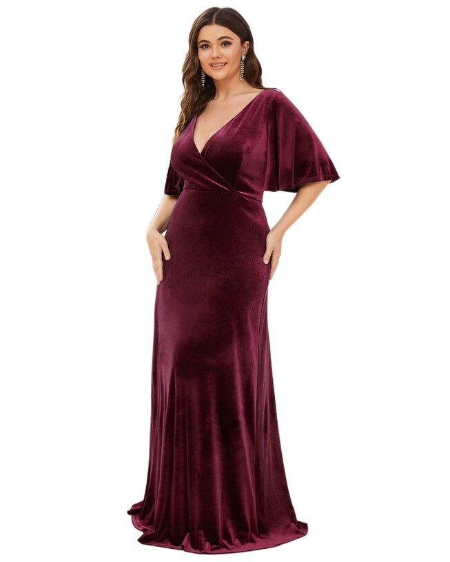 Elegant Double V Neck Velvet Party Dress with Sleeves, Burgundy / Burgundy, alternate image number 4