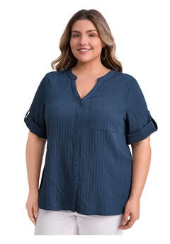 Textual Mandarin Collar V Neck 3/4 Sleeve Shirt Top with Pocket