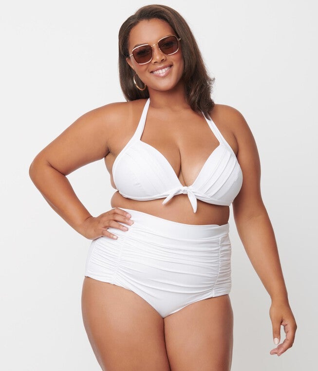 Unique Vintage Solid White Monroe High Waist Swim Bottom, White / White, hi-res image number null
