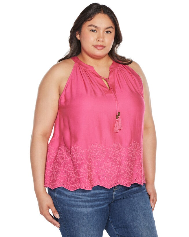 Plus Size Embroidered Hem Sleeveless Top, Petal Pink / Pink, alternate image number null