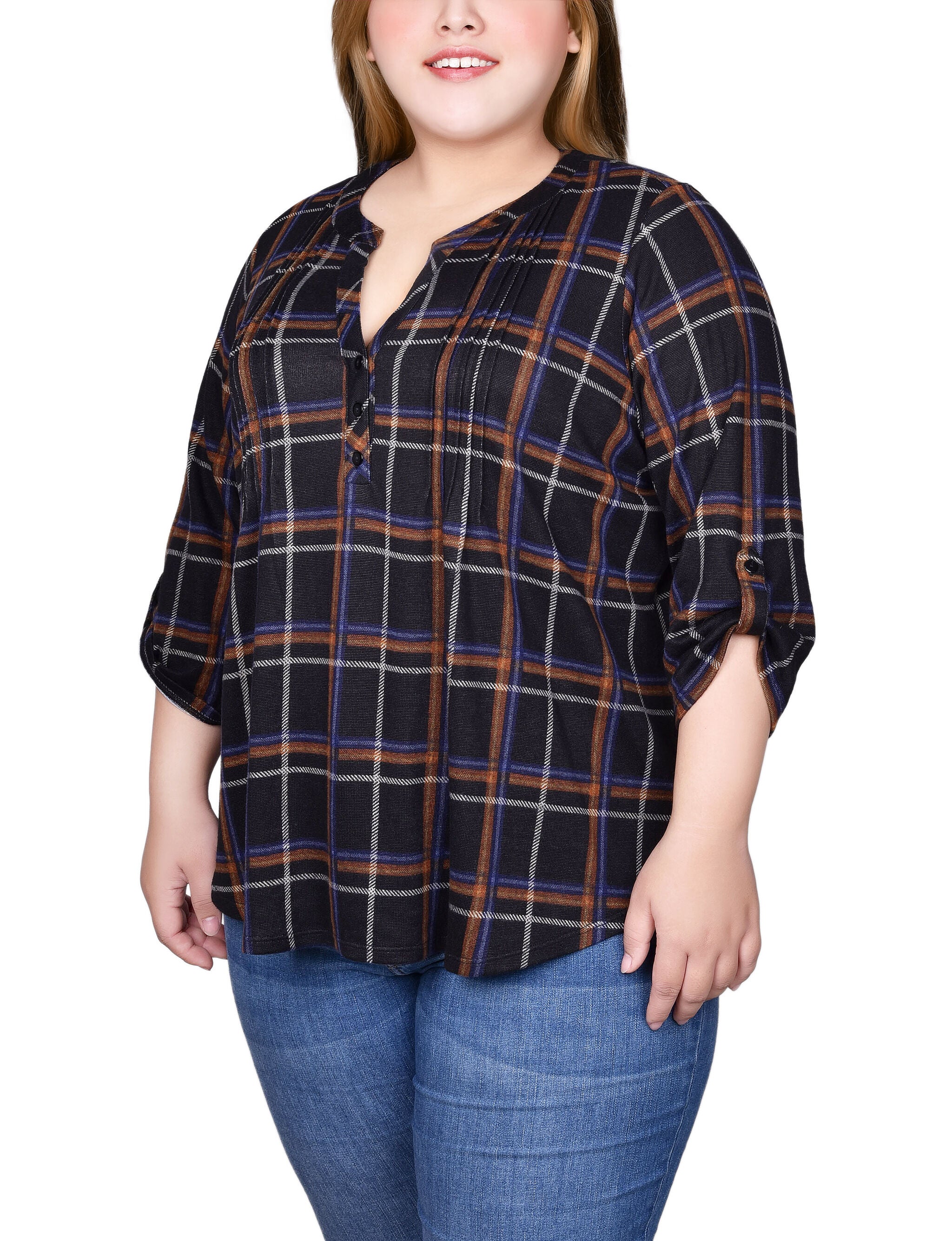 3/4 Roll Sleeve Top, Black Ivory Plaid / black, alternate image number 2