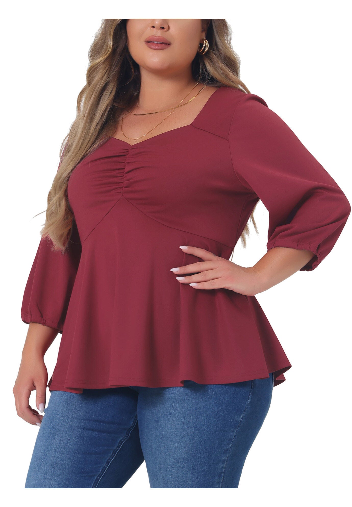 SWEETHEART V NECK ELBOW SLEEVE FRONT RUCHED PEPLUM BLOUSE, Burgundy / Red, alternate image number 1