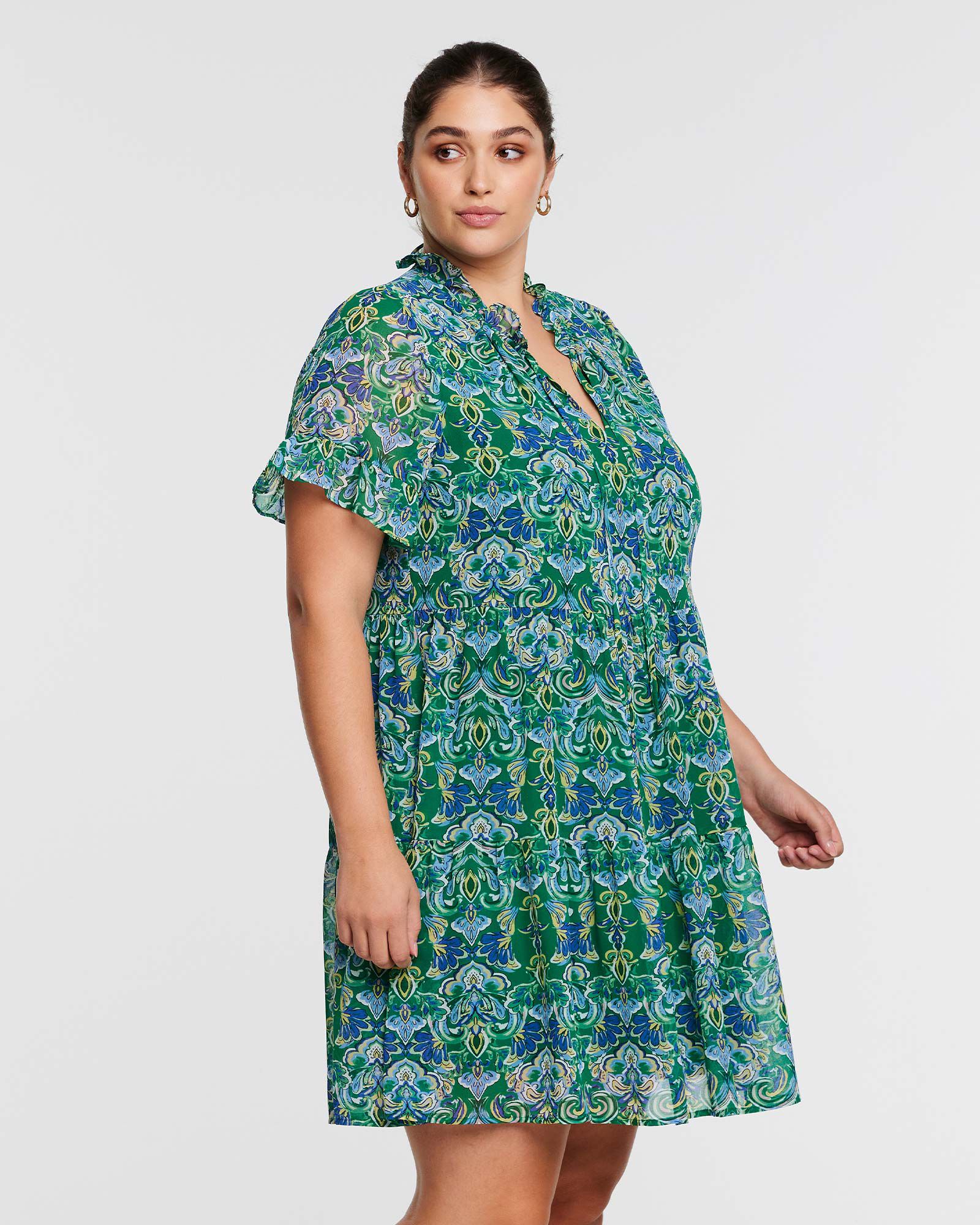 Mandala Green Tiered Mini Dress, PRINT / Kelly Green, alternate image number 1