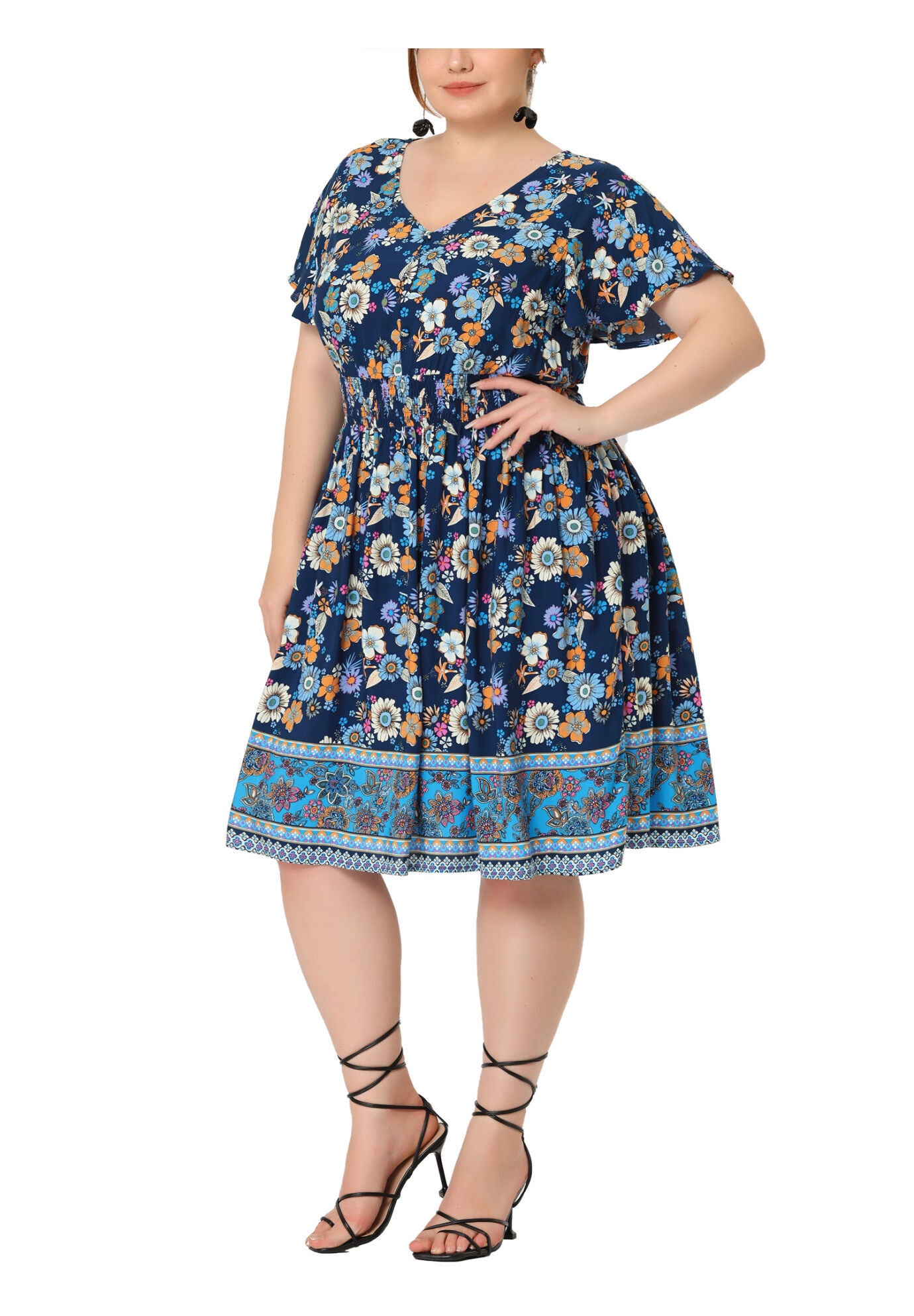 Placed Pattern Bohemian Smock Waist V Neck Summer Midi Dress, Dark Blue / Navy, alternate image number 1
