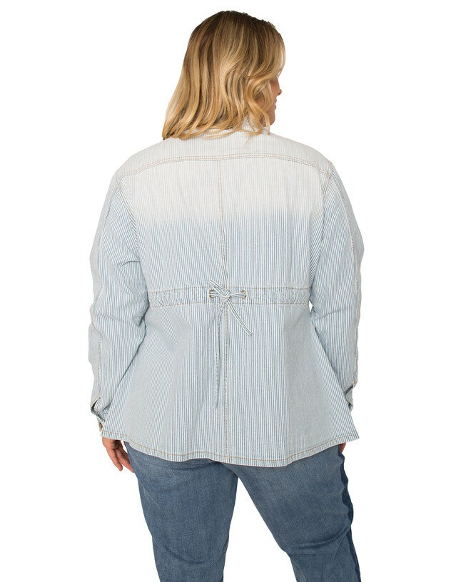 Marie Plus Size Pinstripe Denim Collarless Jacket, , alternate image number null